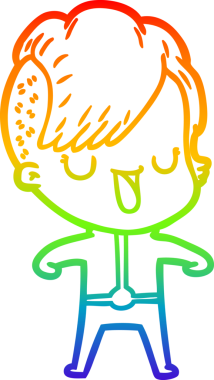 Gökkuşağı gradyan çizimi. Hipster saç kesimi bir insan tarafından çizilmiş şirin bir çizgi film kızı.