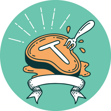 Bir insan tarafından çizilmiş dövme stili biftek ve çatalın simgesi.