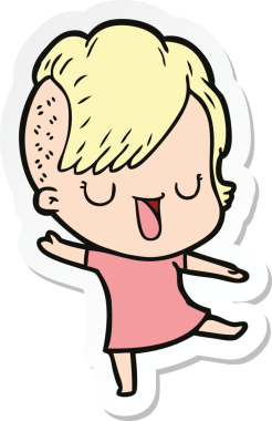 Hipster saç kesimi bir insan tarafından çizilmiş şirin bir çizgi film kızına ait etiket.