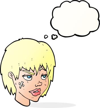 Yüzünde alçı olan, bir insan tarafından çizilmiş düşünce balonu olan karikatür kadın.