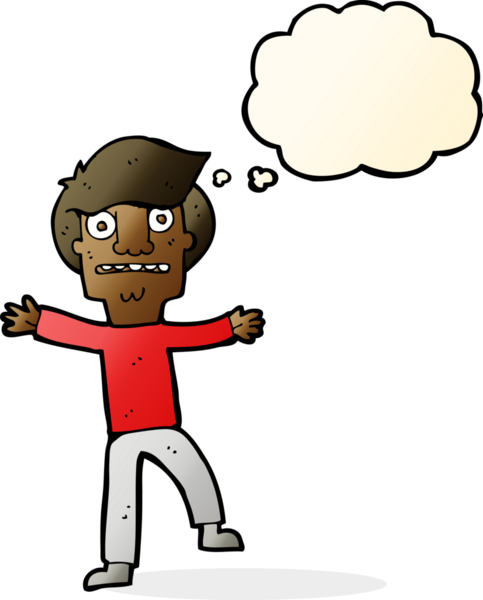 Bir insan tarafından çizilen düşünce baloncuğuyla panikleyen çizgi film çocuğu.