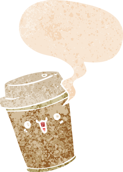 Çizgi film, bir insan tarafından çizilmiş grunge ile konuşma baloncuğu ile kahveyi dışarı çıkarır.