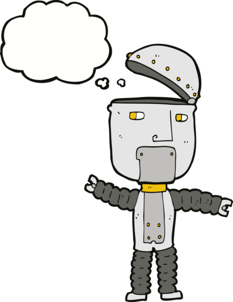 Bir insan tarafından çizilmiş düşünce baloncuklu çizgi film robotu