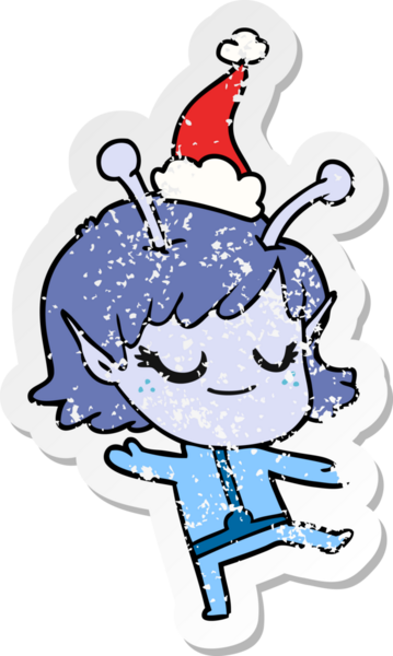 Gülümseyen uzaylı kız eli çizilmiş insan tarafından çizilmiş Noel Baba şapkası.