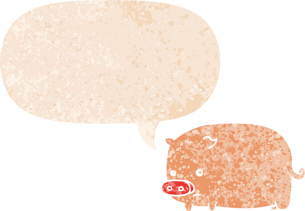 Grunge 'da konuşma baloncuğu olan sevimli çizgi film domuzu bir insan tarafından çizilmiş sıkıntılı retro dokuma tarzı