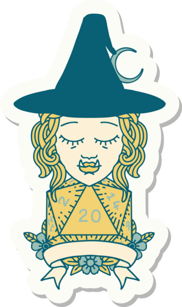 Bir insan tarafından çizilmiş doğal 20 zarlı yarım ork cadı karakterinin çıkartması.