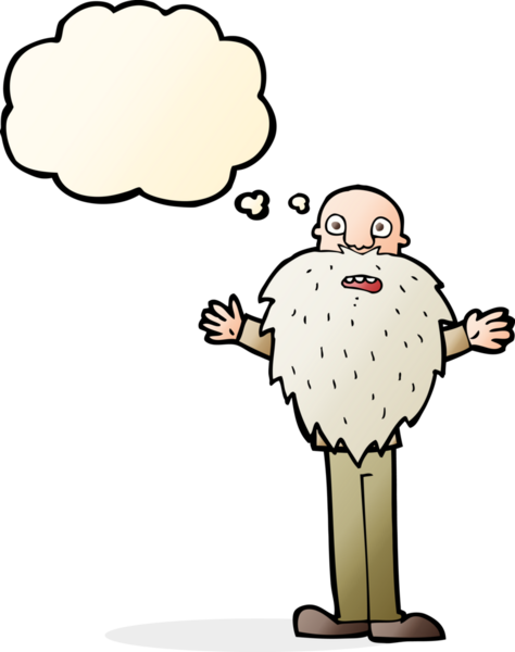 Karikatür sakallı yaşlı adam. Düşünce baloncuğu insan tarafından çizilmiş.
