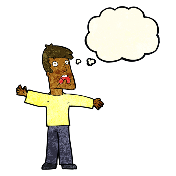 Bir insan tarafından çizilmiş düşünce baloncuğu olan korkmuş bir adam.