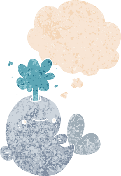 Karikatür balinası su püskürtür grunge 'da düşünce baloncuğu ile sıkıntılı retro dokuma tarzı bir insan tarafından çizilir