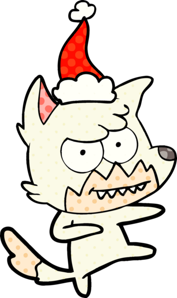 Bir insan tarafından çizilmiş Noel Baba şapkası giymiş bir tilkinin el çizimi çizgi roman tarzı çizimi.