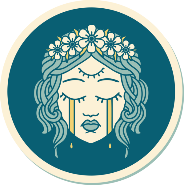 Geleneksel kadın yüzü stili bir dövme çıkartması. Üçüncü gözü ve bir insan tarafından çizilmiş çiçek taçı.