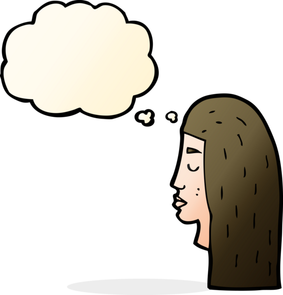 Bir insan tarafından çizilmiş düşünce baloncuklu kadın yüz profili.