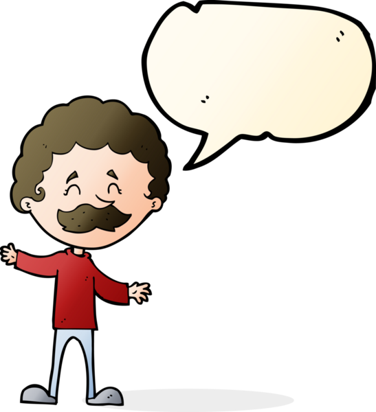 Bir insan tarafından çizilmiş konuşma balonlu bıyıklı mutlu adam çizgi filmi.