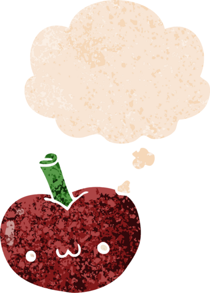 Düşünce baloncuklu çizgi film elması grunge sıkıntılı retro desenli bir insan tarafından çizilmiş