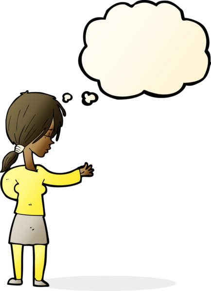 Bir insan tarafından çizilmiş düşünce balonuyla hareket eden karikatür kadın.