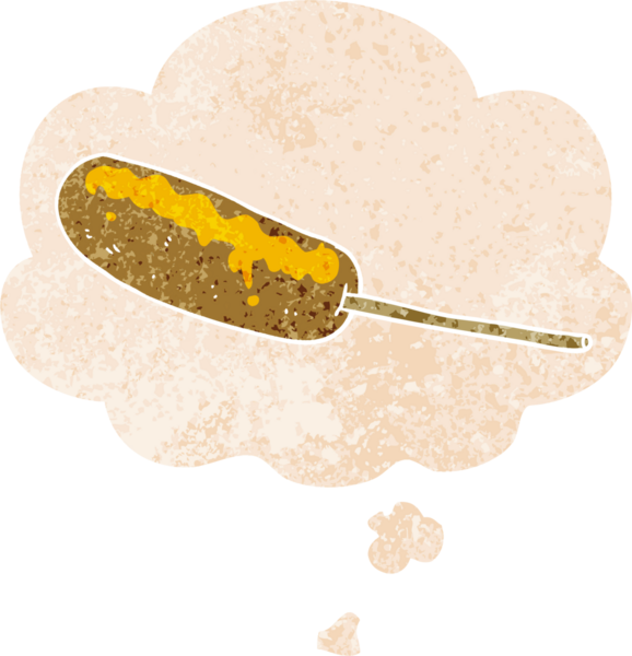 Düşünce baloncuklu çubuk üzerinde çizgi film sosislisi grunge sıkıntı retro stili bir insan tarafından çizilmiş