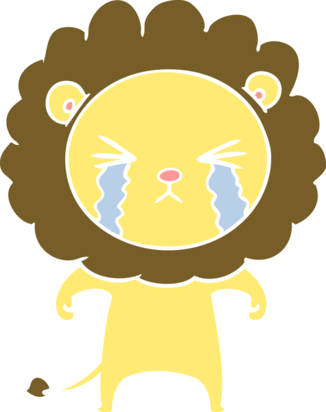 Bir insan tarafından çizilmiş düz renkli karikatür ağlayan aslan