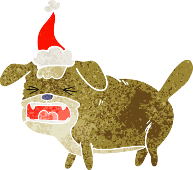 Bir insan tarafından çizilmiş Noel Baba şapkası giymiş bir köpeğin eski çizgi filmi.