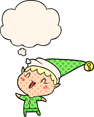 Çizgi roman tarzında bir insan tarafından çizilmiş bir düşünce balonuyla mutlu noel elfi.