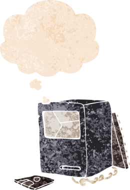 Eski bir çizgi film, bir insan tarafından çizilmiş grunge 'daki düşünce baloncuğu ile bozulmuş eski bir bilgisayar.