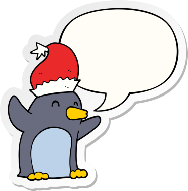 Bir insan tarafından çizilmiş baloncuk çıkartmalı şirin bir penguen karikatürü.