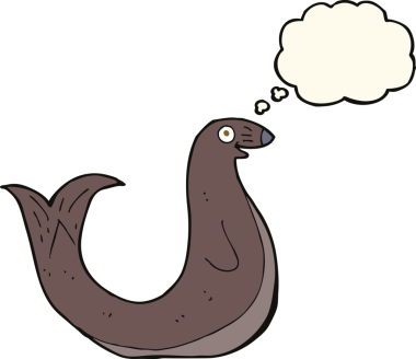 Bir insan tarafından çizilmiş düşünce baloncuklu mutlu fok.