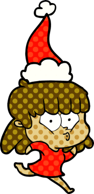 Bir insan tarafından çizilmiş Noel Baba şapkası giyen bir kızın el çizimi çizgi roman tarzı çizimi.