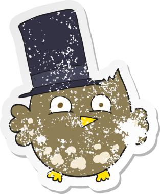 Bir insan tarafından çizilmiş silindir şapkalı küçük bir baykuşun gerilimli çıkartması.