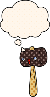 Çizgi roman tarzında bir insan tarafından çizilmiş düşünce baloncuğu olan karton çekiç.