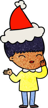 Bir insan tarafından çizilmiş Noel Baba şapkası giymiş bir çocuğun çizilmiş mutlu el çizimi karikatürü.