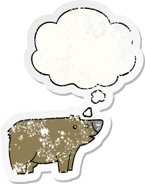 Düşünce baloncuğu olan çizgi film ayısı bir insan tarafından çizilmiş yıpranmış bir çıkartma.