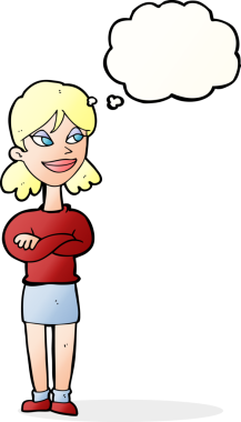 Bir insan tarafından çizilmiş düşünce balonu olan kendini beğenmiş bir karikatür kadını.