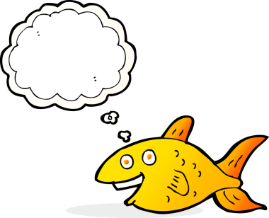 Bir insan tarafından çizilmiş düşünce baloncuklu çizgi film balığı.