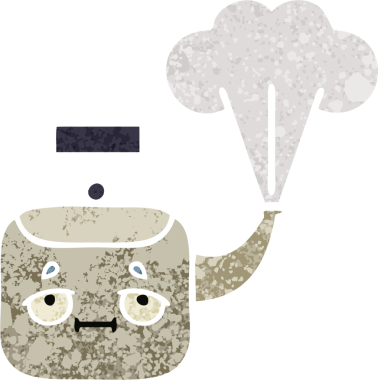 Bir insan tarafından çizilen dumanı tüten bir çaydanlığın retro çizim tarzı karikatürü