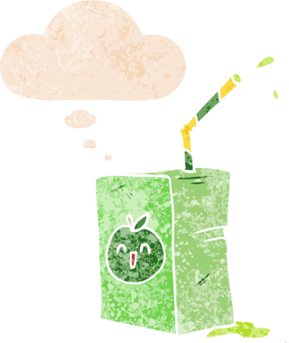 Düşünce baloncuklu çizgi film meyve suyu kutusu grunge sıkıntılı retro desen bir insan tarafından çizilmiş