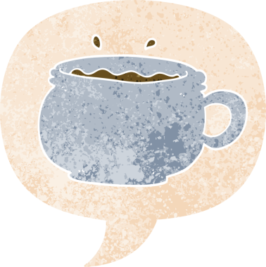 Bir insan tarafından çizilmiş, grunge 'de konuşma baloncuğu olan sıcak bir fincan çizgi film kahvesi.