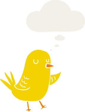 Düşünce baloncuğu olan çizgi film kuşu insan tarafından çizilmiş.