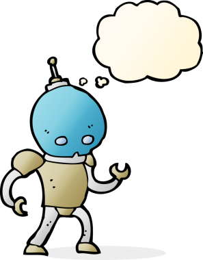 Bir insan tarafından çizilmiş düşünce baloncuklu uzaylı robot.