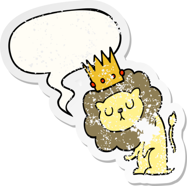 Sözcük baloncuklu çizgi film aslanı bir insan tarafından çizilmiş sıkıntılı eski bir çıkartma.