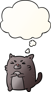 Bir insan tarafından çizilmiş yumuşak eğimli düşünce baloncuklu kızgın kedi çizgi filmi.