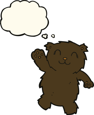 Bir insan tarafından çizilmiş düşünce balonlu siyah ayı sallayan çizgi film.