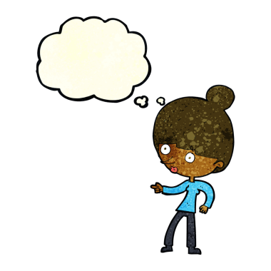 Bir insan tarafından çizilmiş düşünce balonuyla işaret eden çizgi film kadını.