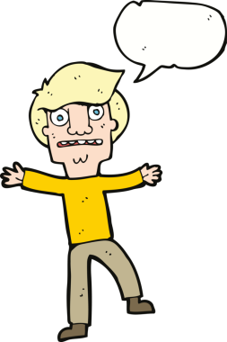 Bir insan tarafından çizilen konuşma baloncuğuyla panikleyen çizgi film çocuğu.