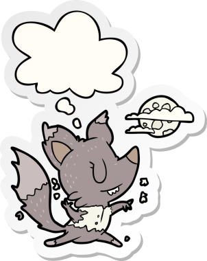 İnsan tarafından çizilmiş bir çıkartma gibi düşünce baloncuğuyla ay ışığında değişen kurtadam çizgi filmi.