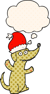 Bir insan tarafından çizilmiş çizgi roman tarzında düşünce baloncuğu olan şirin bir noel köpeği.