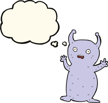 Bir insan tarafından çizilmiş düşünce baloncuğu olan komik küçük uzaylı çizgi filmi.