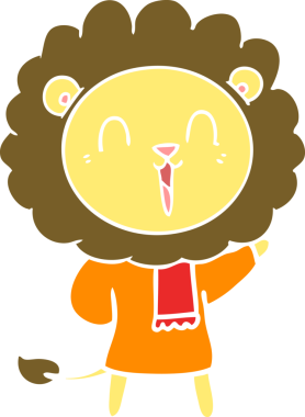 Bir insan tarafından çizilmiş, gülen aslan düz renkli karikatür.