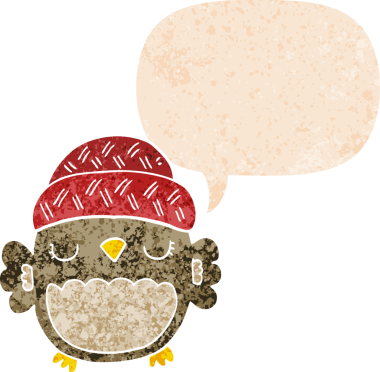 Şapkalı sevimli bir baykuş, grunge 'da konuşma baloncuğu olan sıkıntılı eski moda bir insan tarafından çizilmiş.