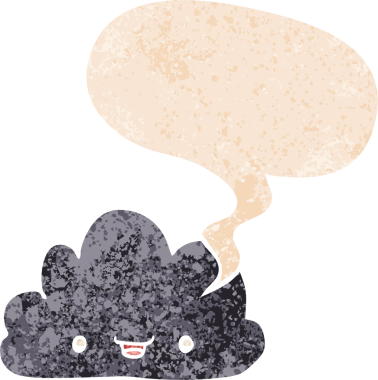 Mutlu karikatür bulutu, konuşma baloncuğu, grunge sıkıntılı retro dokuma tarzı bir insan tarafından çizilmiş.