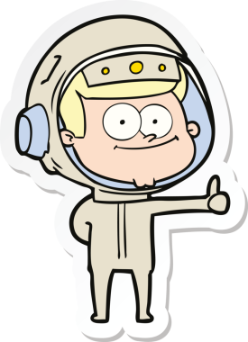 Bir insan tarafından çizilmiş mutlu bir astronot çizgi filminin çıkartması.